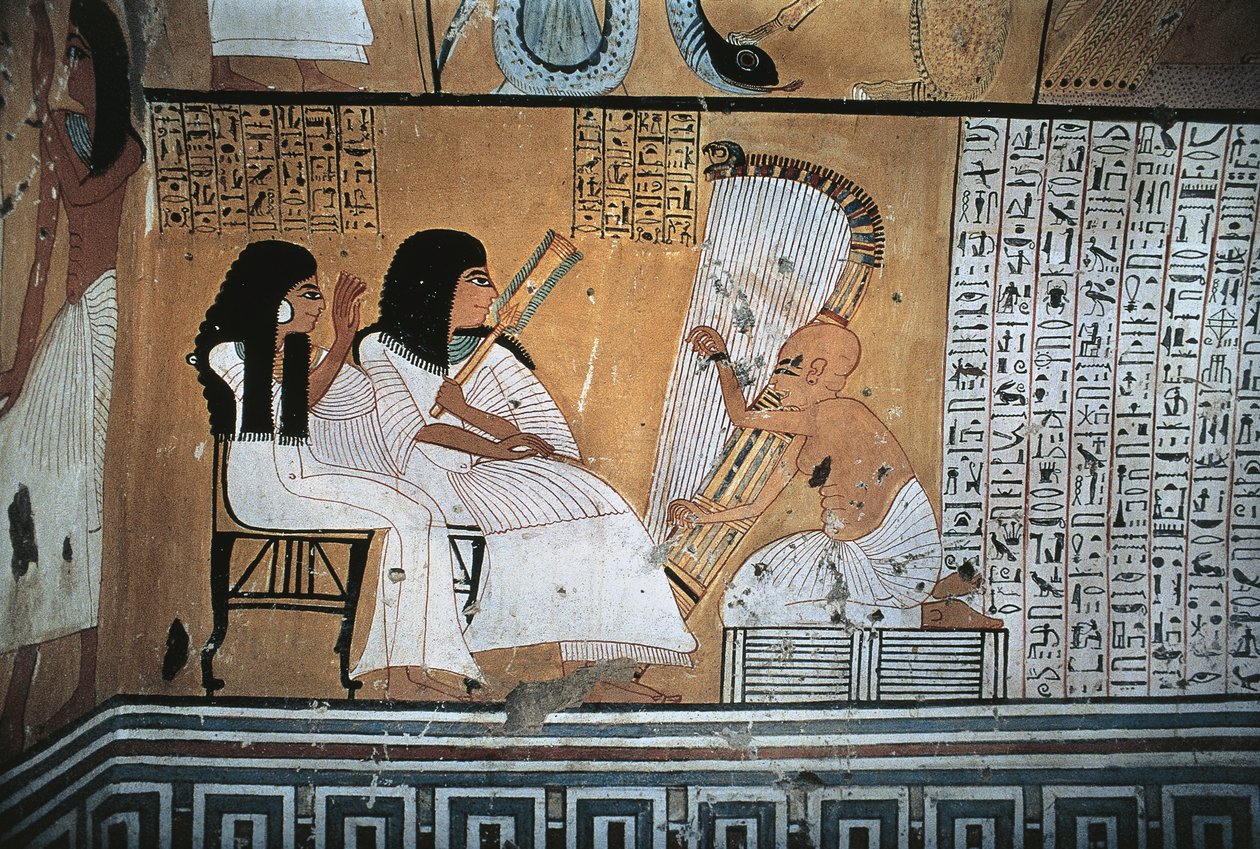 Nástěnná malba zesnulého Khai-Inherkha a manželky sledující slepého harfenistu od Egyptian 20th Dynasty