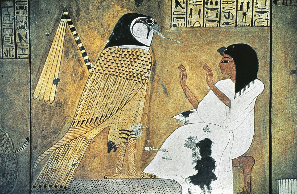 Seinämaalaus kohtauksesta Book of the Deadista, muunnos Golden Falconiksi od Egyptian 20th Dynasty