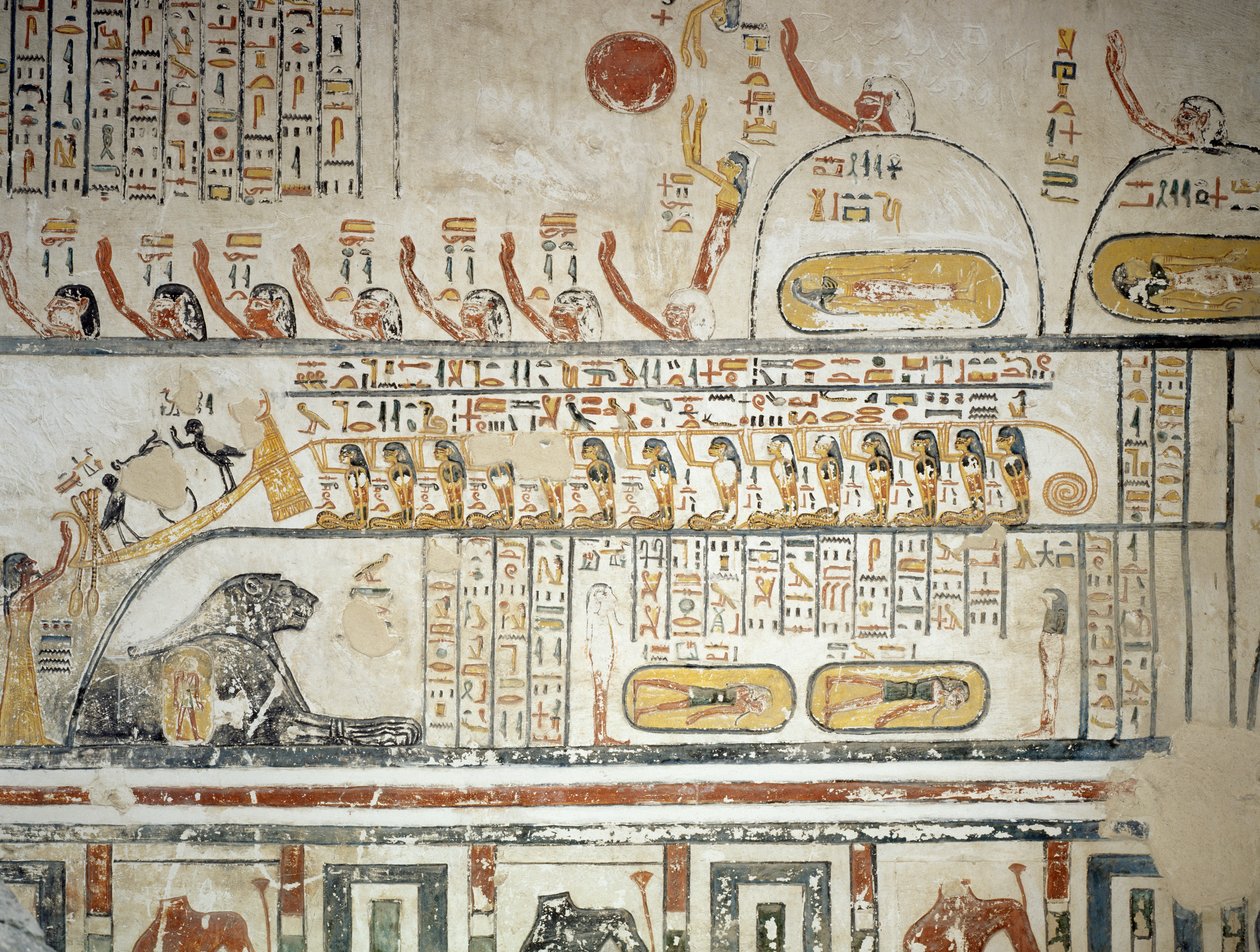 Procesí po nebeské navigaci boha Slunce Ra, Kniha Země, detail z fresek pohřební komory Hrobky Ramesse VI., Údolí králů, Luxor, Théby (Seznam světového dědictví UNESCO od Egyptian 20th Dynasty