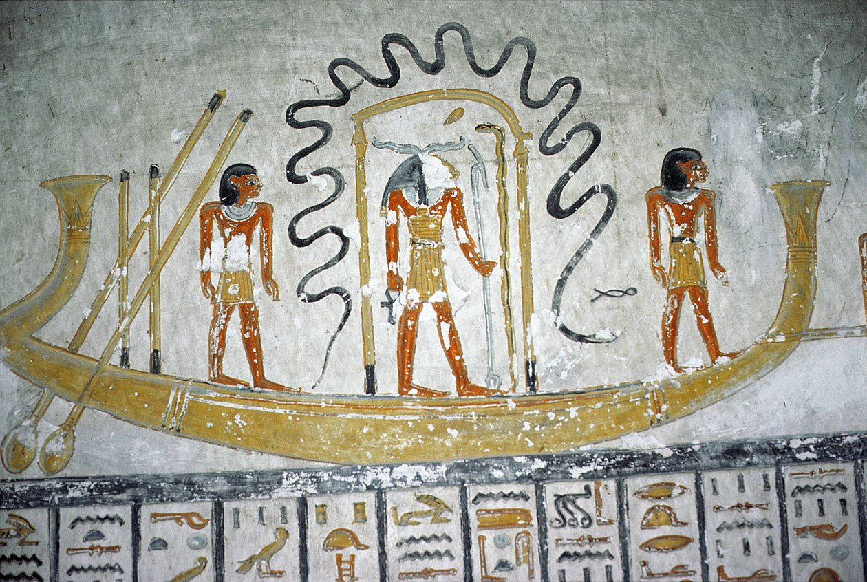 Re v nočním člunu, z hrobky Ramesse VI, Nová říše (asi 1145-1137 př.nl) (nástěnná malba) od Egyptian 20th Dynasty