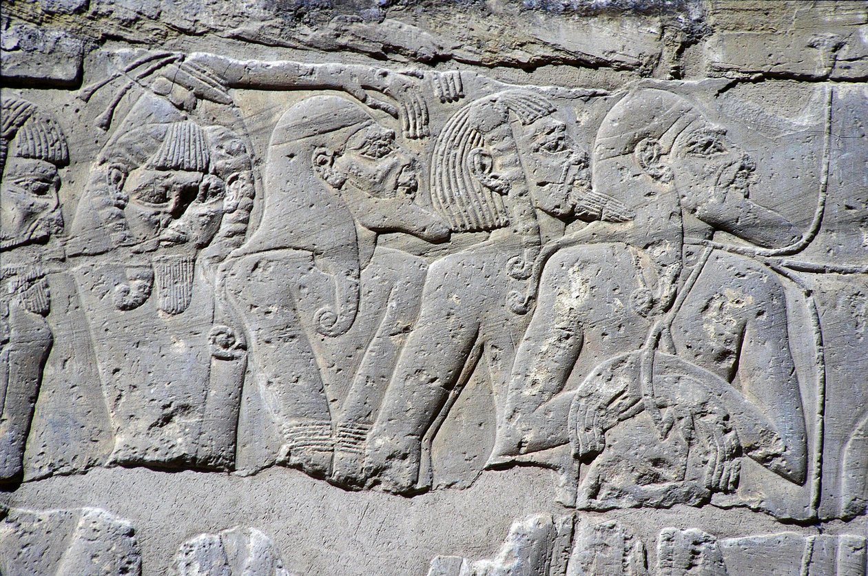 Reliéf zobrazující „severní zajatce“ v bitvě u Ramsese III., Velký chrám Medinet (kámen) od Egyptian 20th Dynasty