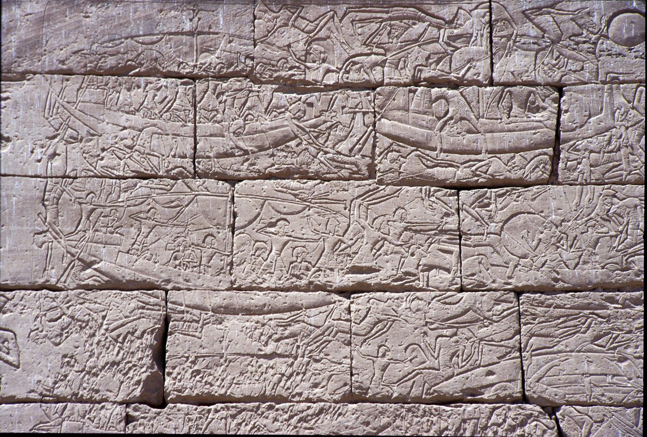 The Sea People, Námořní bitva Ramses III, Medinet Habu, kámen 1195-64 př.nl od Egyptian 20th Dynasty