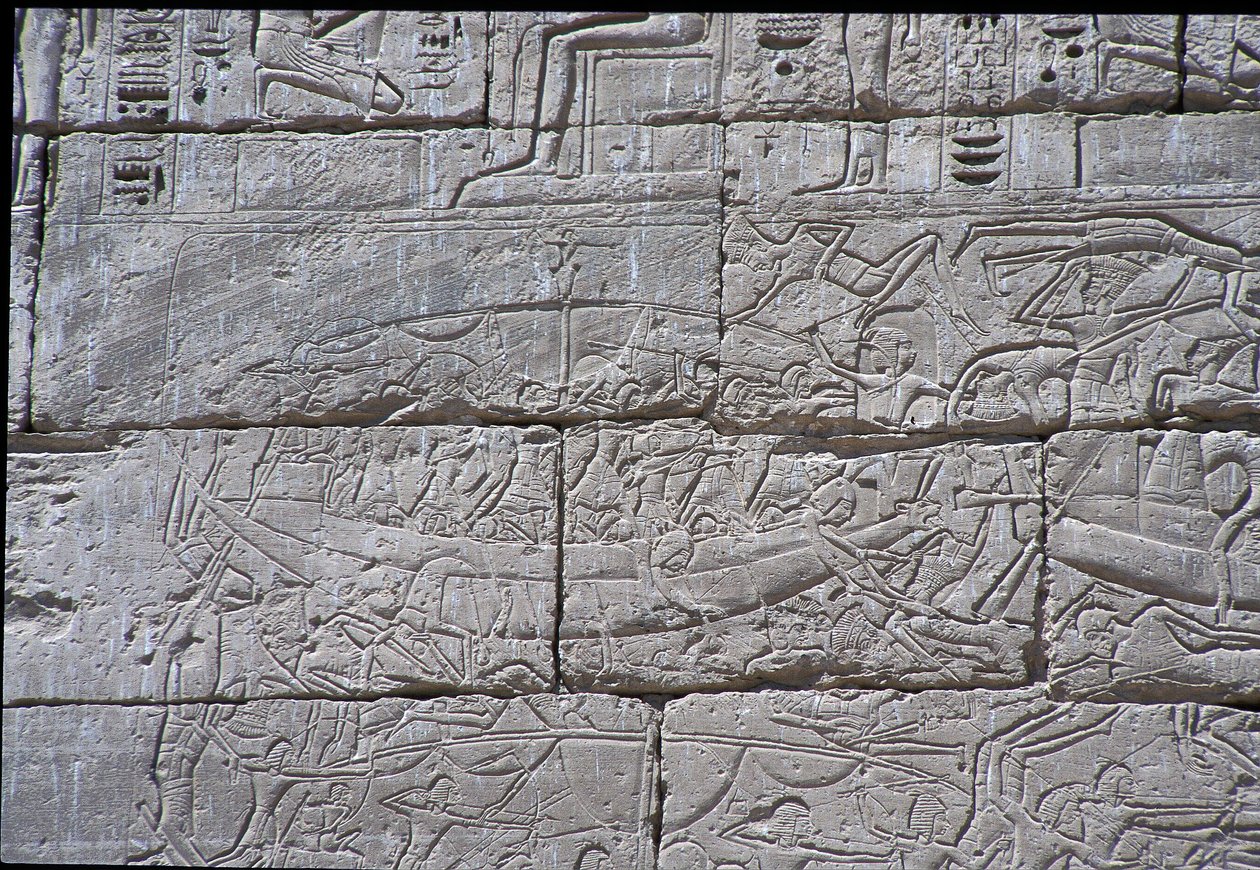 The Sea People, Námořní bitva Ramses III, Medinet Habu, kámen 1195-64 př.nl od Egyptian 20th Dynasty