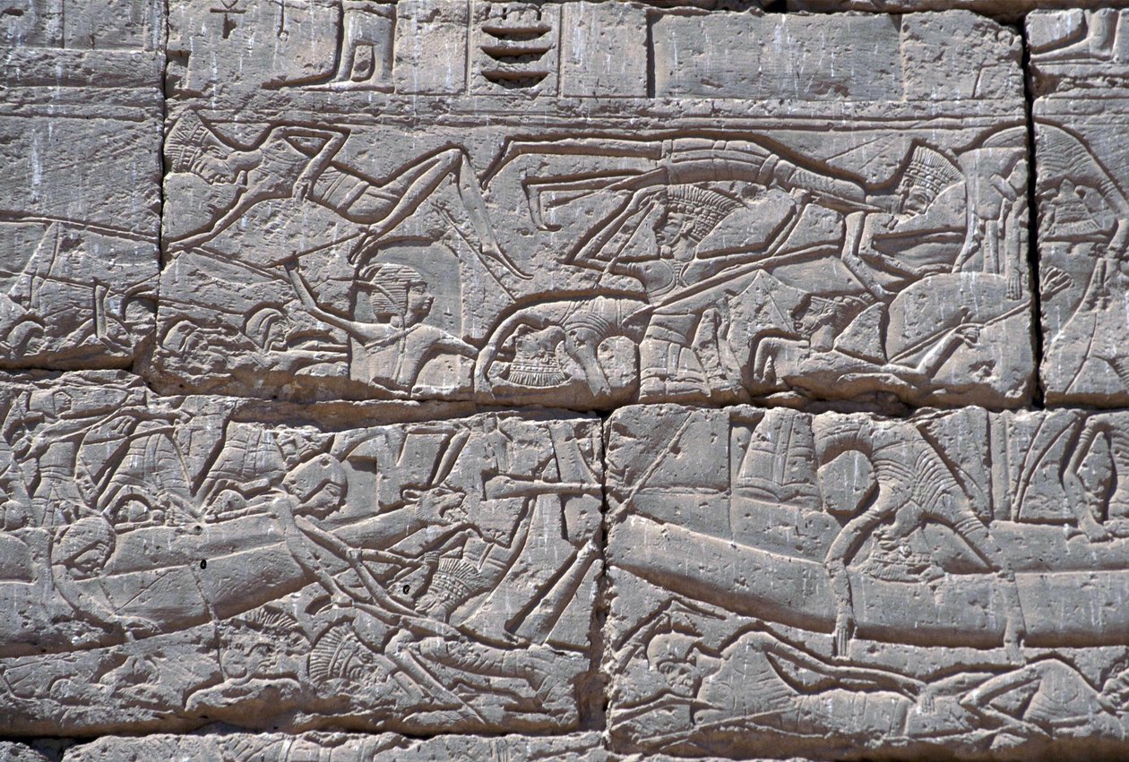 The Sea People, Námořní bitva Ramses III, Medinet Habu, kámen 1195-64 př.nl od Egyptian 20th Dynasty