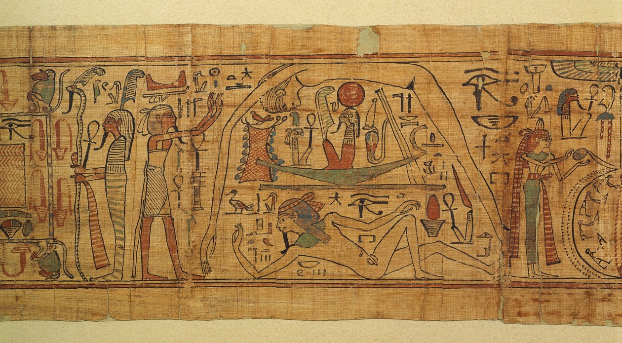 Kniha mytologických obrazů Nespakachuty, oddělení nebe a země se sluneční lodí od Egyptian 21st Dynasty