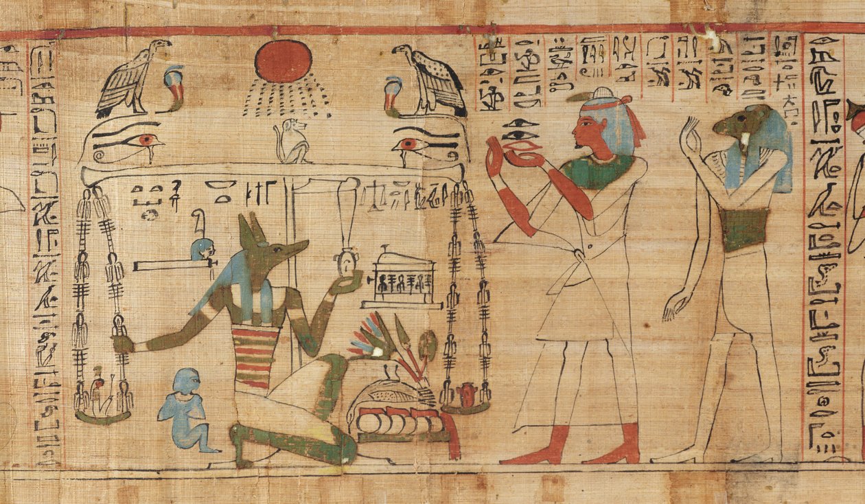 Detail z Knihy mrtvých kněze Aha-Mera zobrazující Anubise, jak váží srdce zesnulého proti Péru pravdy (papyru) od Egyptian 21st Dynasty