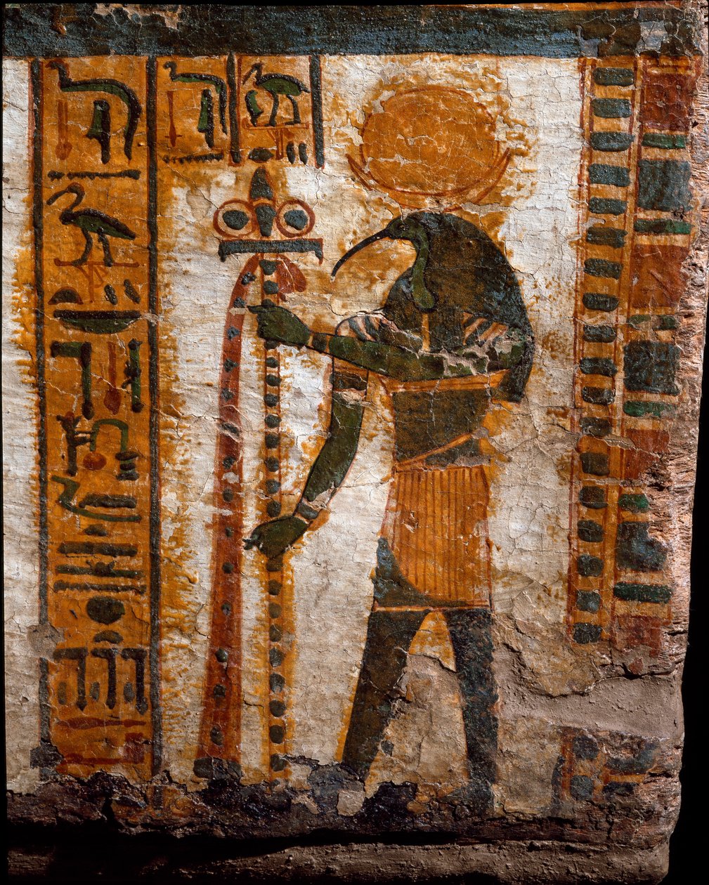 Egyptský starověk: Thot, bůh měsíce, v podobě muže v čele ibise. výzdoba antropoidního sarkofágu písaře Butehamona, 21. dynastie (1085-935 př. Kr.). Egyptské muzeum v Turíně (Torino, Museo Egizio) od Egyptian 21st Dynasty