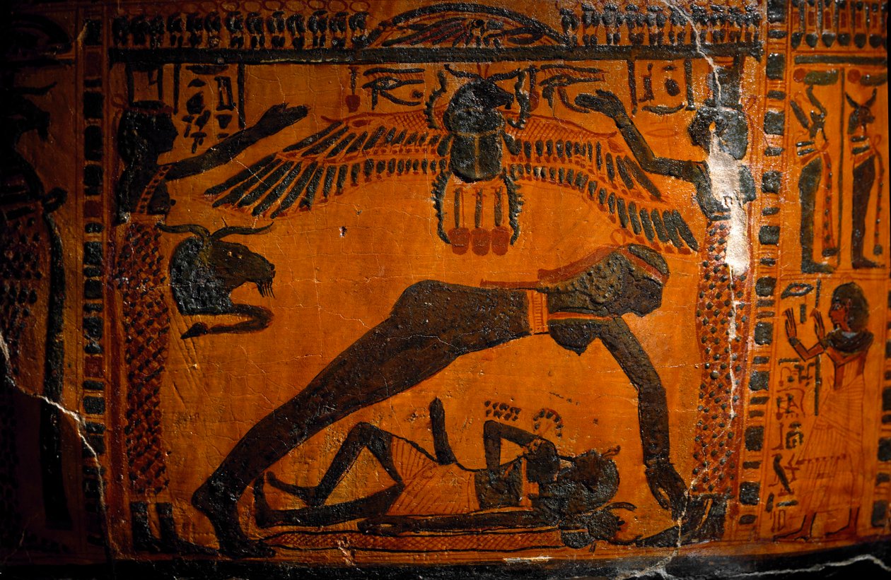 Egyptský starověk: sarkofág z malovaného dřeva od Boutehamona (Butehamona), královského písaře. Z Théb. 21. dynastie. 990-970 před naším letopočtem. Detail představující stvoření světa, bohyně nebes Nout se odděluje od Geba, boha Země. Turín, egyptský od Egyptian 21st Dynasty