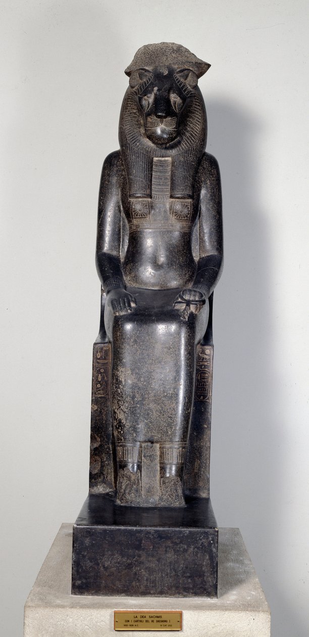 Egyptský starověk: božstvo lvice Sekhmet s nábojnicí krále Sheshonqa I. Socha z černé žuly. 950-929 před naším letopočtem. Turín, egyptské muzeum od Egyptian 22nd Dynasty