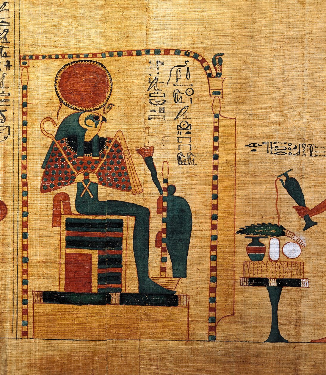 Imenemsaufin, Amonin pääkantajan, mytologinen papyrus. Yksityiskohta: jumala Ra-Harakhti od Egyptian 22nd Dynasty