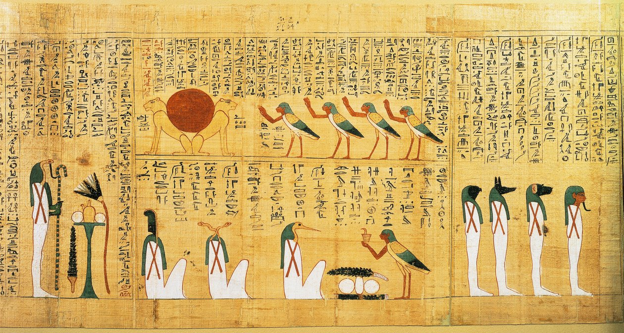 Mytologický papyrus Imenemsaufa, hlavního nositele Amona. Detail: hymnus na slunce zobrazený jako dva lvi od Egyptian 22nd Dynasty