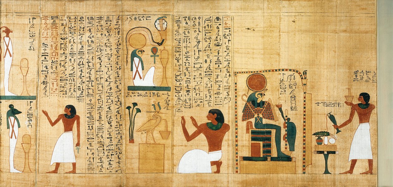 Mytologický papyrus Imenemsaufa, hlavního nositele Amona. Detail: incenzování a úlitby na počest Ra-Harakhtiho od Egyptian 22nd Dynasty