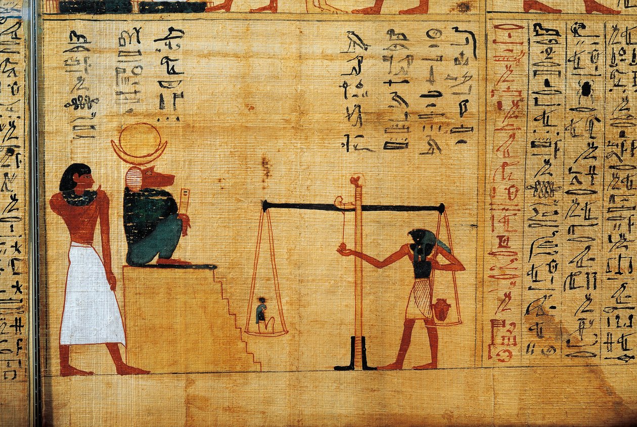 Mytologický papyrus Imenemsaufa, hlavního nositele Amona. Detail: vážení duše před paviánovým bohem Thothem od Egyptian 22nd Dynasty