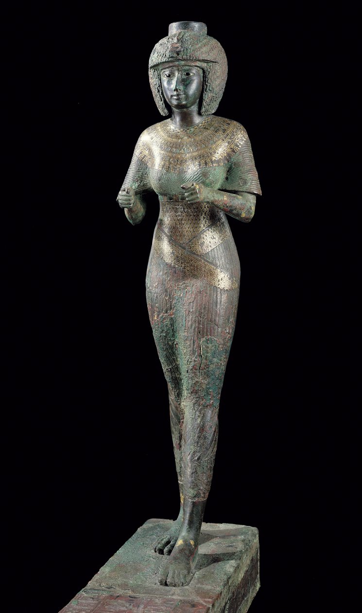 Socha Božské adorátorky Karomama, třetí přechodné období (bronz se zlatem, stříbrem a elektrem) (viz také 127647) od Egyptian 22nd Dynasty