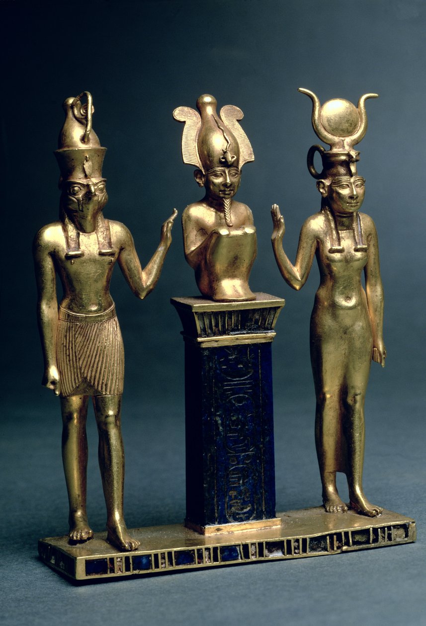 Triáda Osorkona II: Osiris lemovaný Isis a Horem, třetí přechodné období, cca 874-850 př. n. l. (zlato a lapis lazuli) od Egyptian 22nd Dynasty
