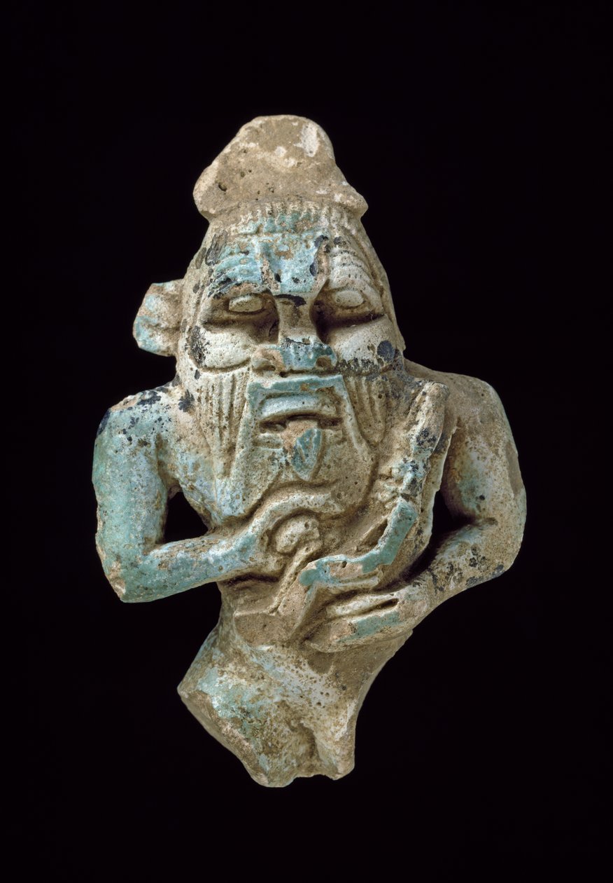 Fajánsový amulet Bes kojící Hora, cca 770-715 př. n. l. glazovaná fajáns od Egyptian 25th Dynasty
