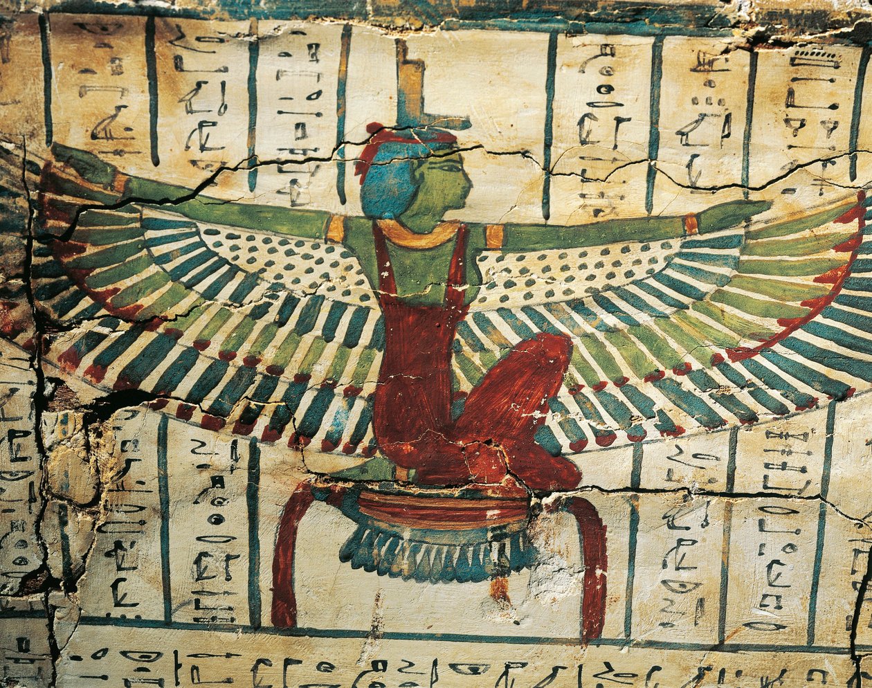 Malované, lakované dřevo, zobrazující bohyni Isis s roztaženými křídly, na sarkofágu Cesraperet ze Západních Théb od Egyptian 25th Dynasty