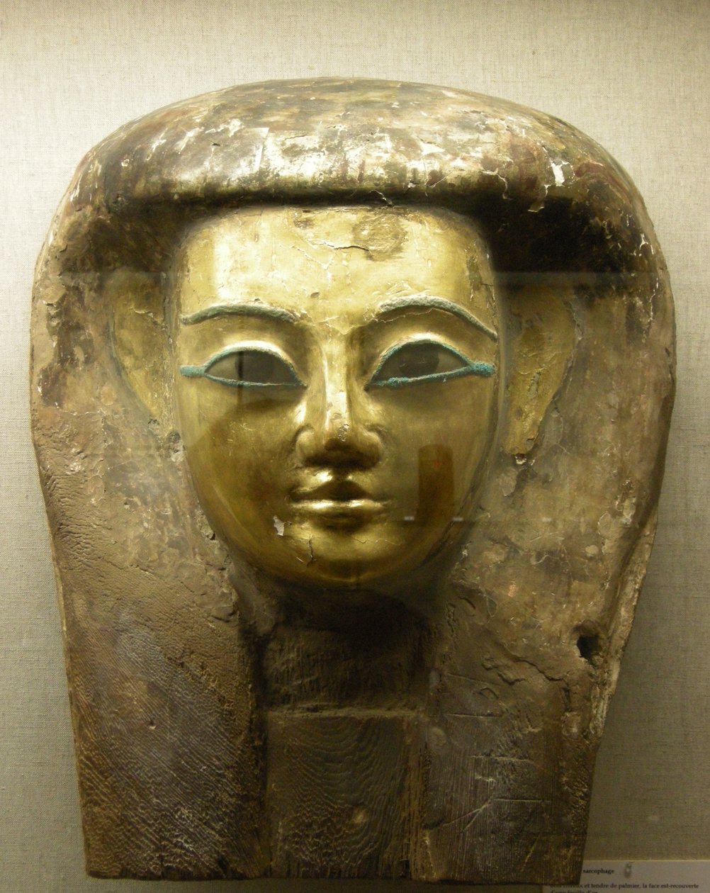 Hlava ze sarkofágu, Sait Period (palmové dřevo se zlatým listem) od Egyptian 26th Dynasty