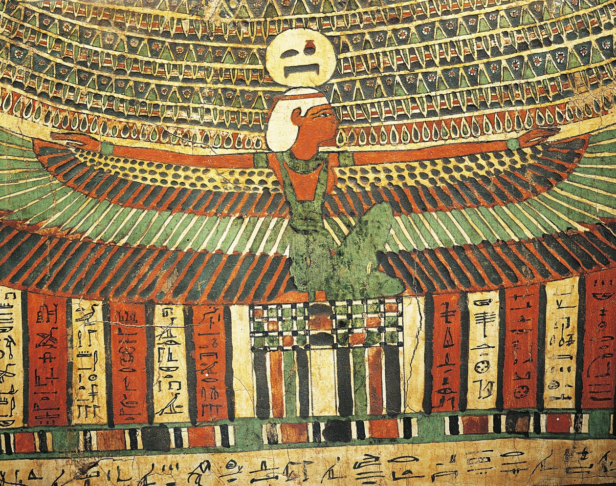 Omítnuté a malované dřevo zobrazující bohyni Nut chránící falešné dveře vedoucí do posmrtného života, ze sarkofágu z Tashakheperu, Théby od Egyptian 26th Dynasty