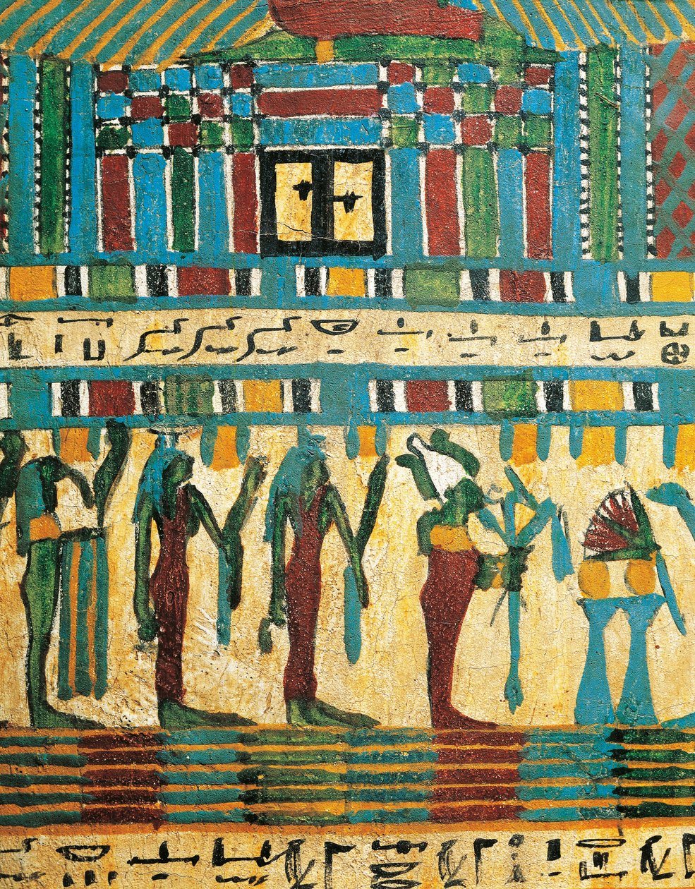 Omítnutý a malovaný detail dřevěného panelu se soudnou komorou a bohem Osirisem následovaným božstvy, ze sarkofágu Usai, Théby od Egyptian 26th Dynasty