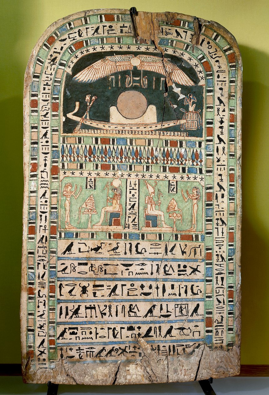 Na dřevo malovala bohyně Udjarenes uctívající slunce, vlevo bůh Ra-Horakhty, vpravo bůh Aton. Egyptská civilizace, pozdní období, dynastie XXVI. od Egyptian 26th Dynasty