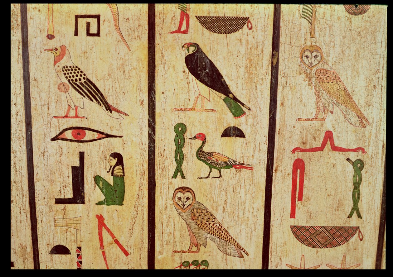 Sarkofág Psamtika I (664-610 př.nl) detail hieroglyfů, pozdní období (malované dřevo) od Egyptian 26th Dynasty