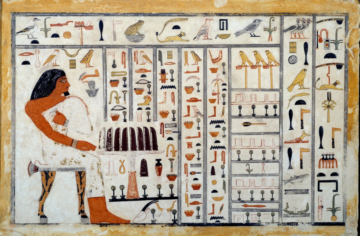 Egyptský starověk: vápencová stéla prince Oupemnefreta. Je správcem královských písařů. 4. dynastie Berkeley, muzeum Phoebe Hearstové od Egyptian 4th Dynasty