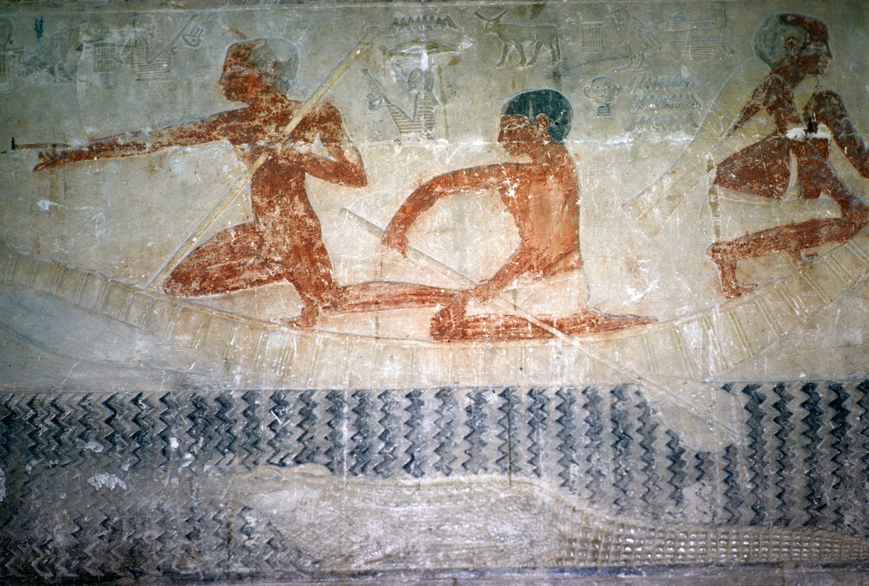 Rybáři a krokodýl ze severní stěny kaple Mastaba of Ti, Stará říše (nástěnná malba) od Egyptian 5th Dynasty