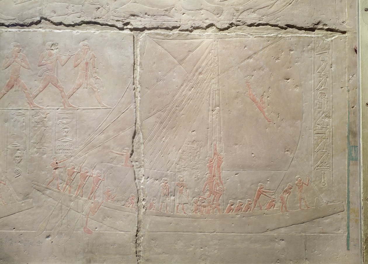 Reliéf zobrazující cestu lodí z Mastaby z Akhethotepu, Stará říše, cca 2400 př. n. l. (malovaný vápenec) od Egyptian 5th Dynasty