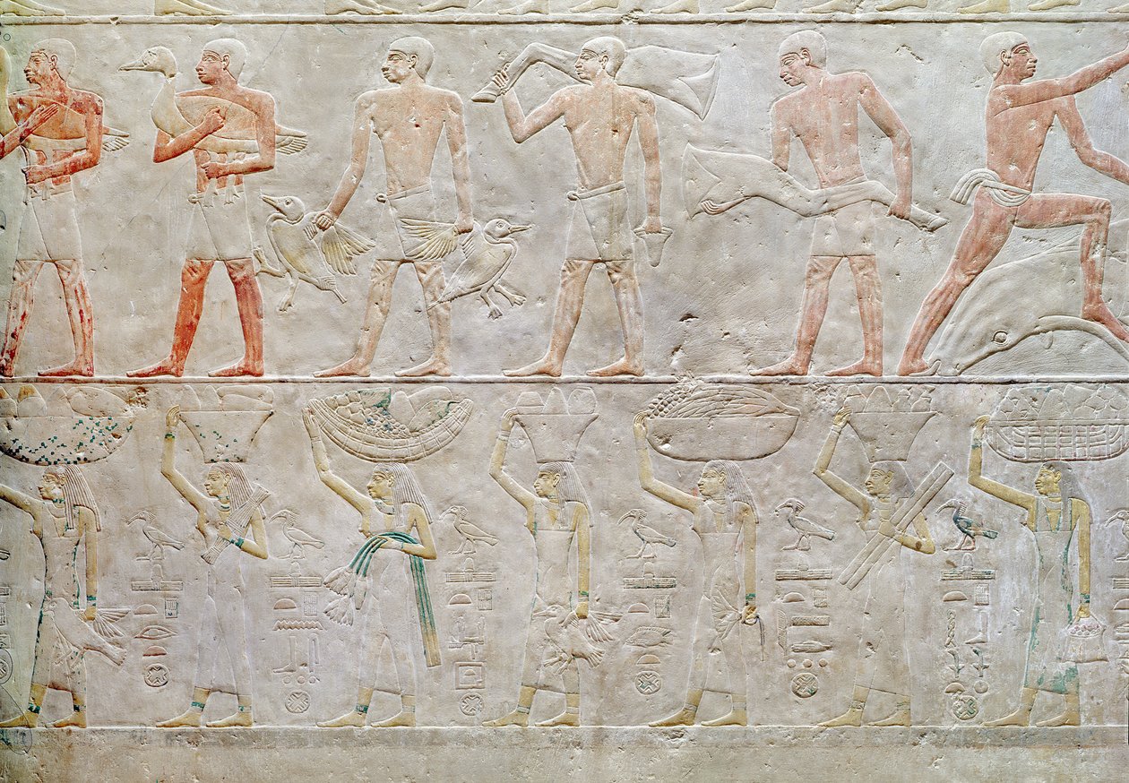 Reliéf zobrazující lidi nesoucí obětiny jídla z Mastaby z Akhethotepu, Stará říše, cca 2400 př. n. l. (malovaný vápenec) od Egyptian 5th Dynasty