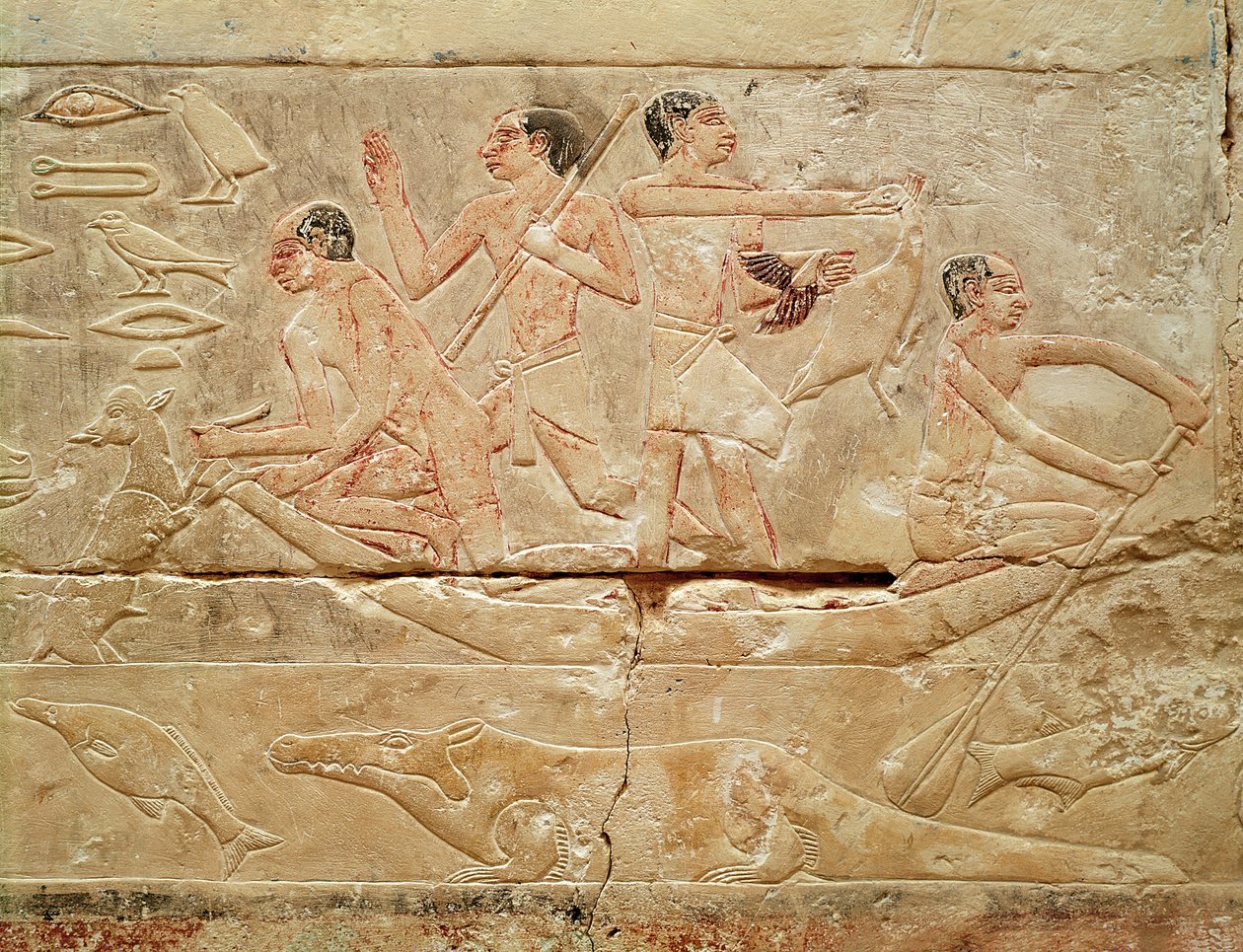 Reliéf zobrazující muže ve člunu, z Hrobky princezny Idut, Stará říše, cca 2330 př. n. l. (malovaný vápenec) od Egyptian 6th Dynasty