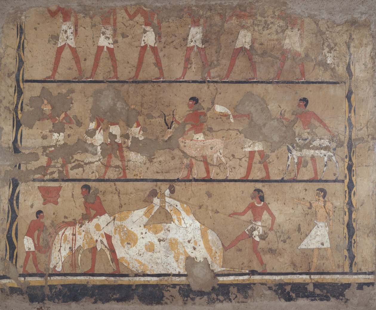 Scény chovu dobytka, porážky, nositelů obětin a obětí, Hrobka Iti a Neferu (nástěnná malba) od Egyptian 6th Dynasty