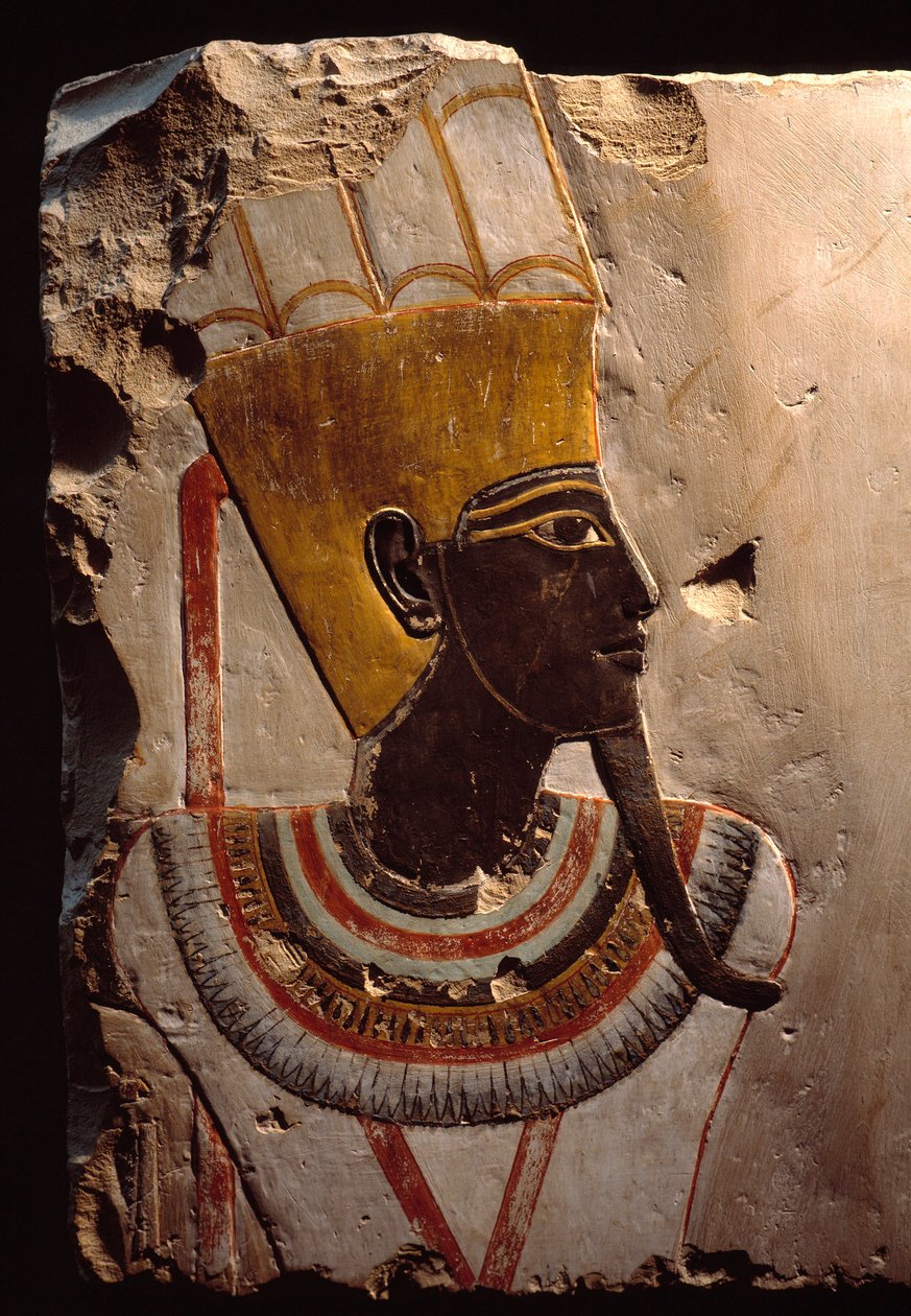 Egyptský starověk: detail malby na vápenci zobrazující boha plodnosti Amon Min (Amon-Min). Luxor, Egyptské muzeum umění od Egyptian Egyptian
