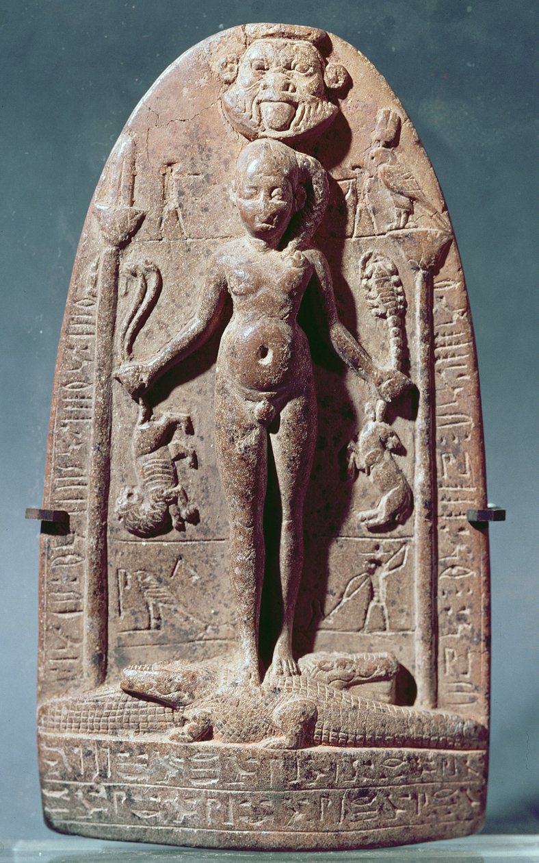 Cippus líčí Hora jako dítě stojícího na krokodýlech (růžová žula) od Egyptian Ptolemaic Period