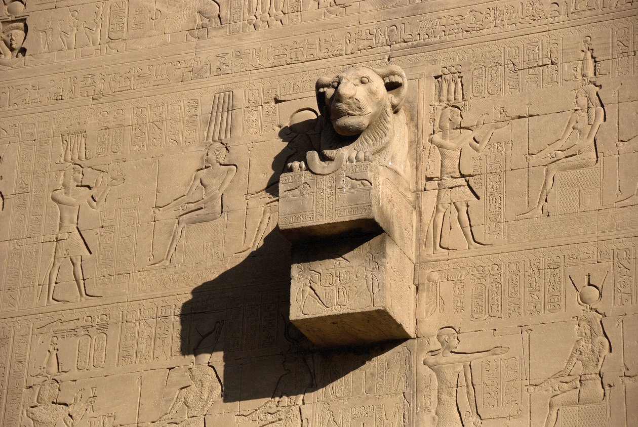 Egyptská starožitnost: chrlič lví hlavy, chrám Hathor, Dendera, Egypt od Egyptian Ptolemaic Period