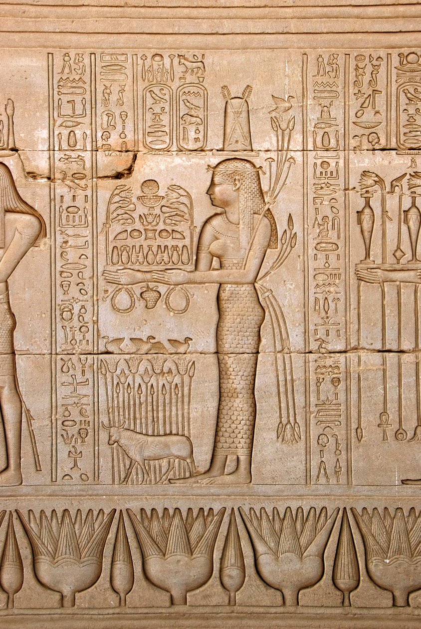 Egyptský starověk: zobrazení ženy přinášející obětiny bohyni, chrám Hathor, Denderah, Egypt - egyptská civilizace: žena přinášející obětiny bohyni Hathor - postava vytesaná na stěně chrámu Hathor (nebo chrámu Tentyry) i od Egyptian Ptolemaic Period