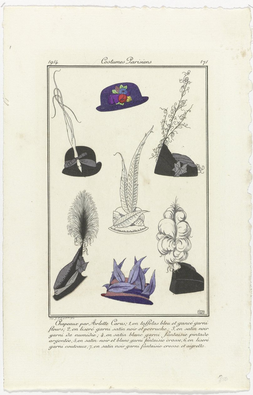 Příslušenství Journal des Dames et des Modes, Costumes Parisiens, 1914, č. 171: Klobouky od Arletta (...) od Eiger