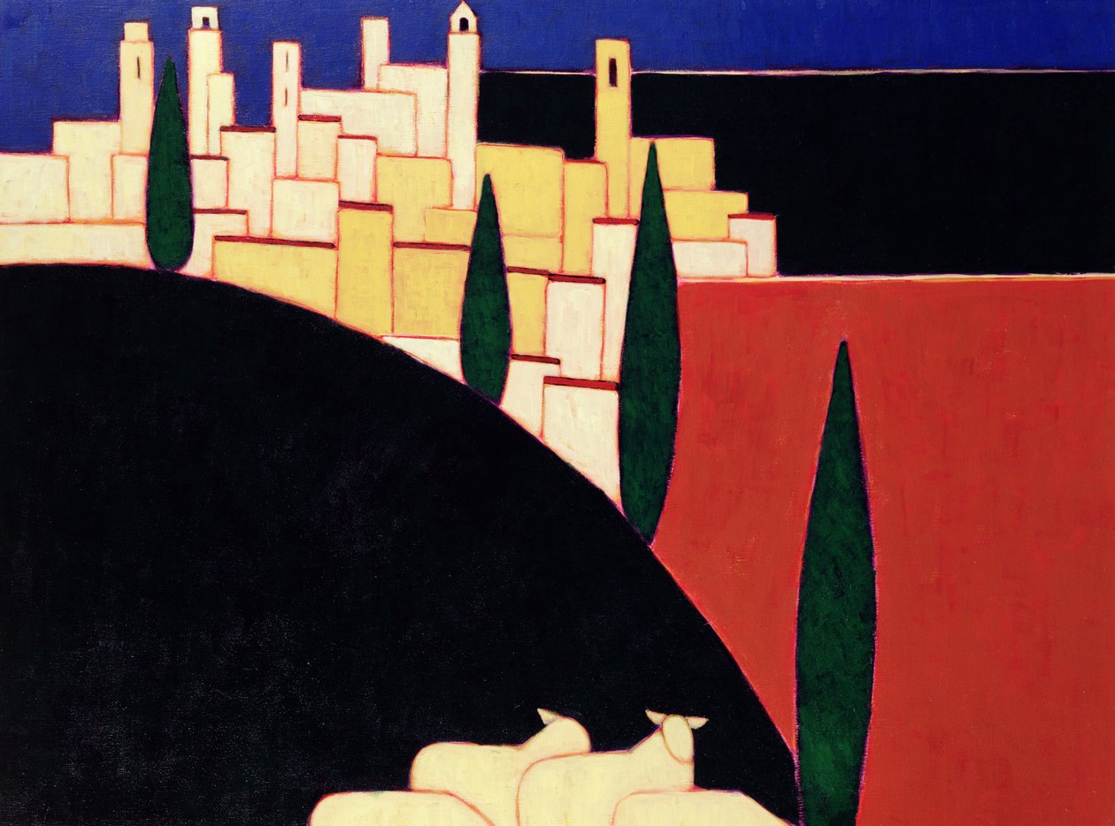 San Gimignano s ovcemi, 1999 (akryl na papíře) od Eithne Contemporary Artist Donne