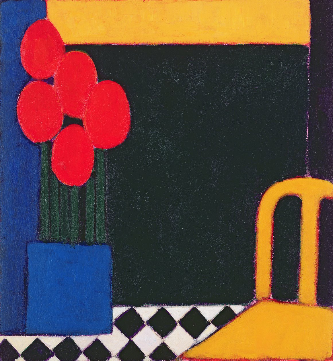 Tulipány a žluté křeslo, 2002 (akryl na papíře) od Eithne Contemporary Artist Donne