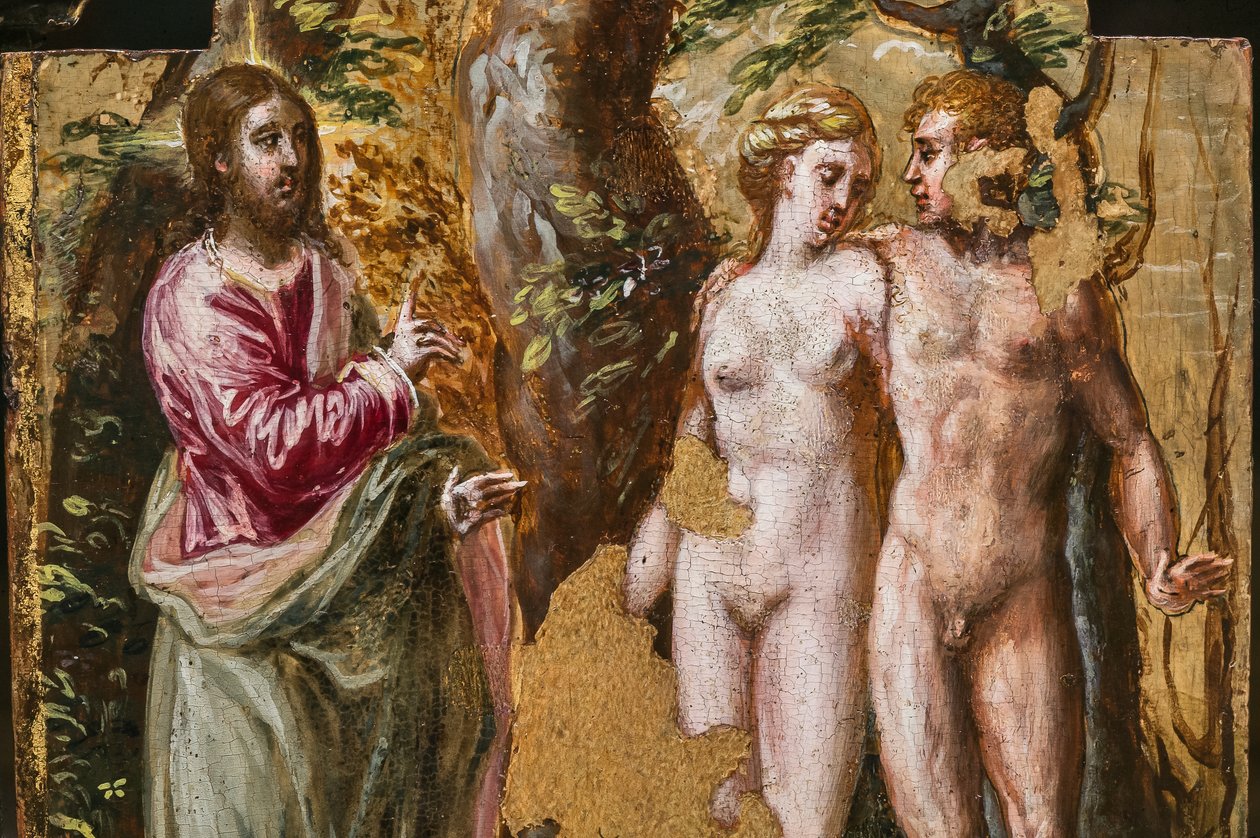 Zadní strana přenosného oltáře: Adm a Eva čelem k Věčnému Otci, detail 2384587 (tempera grassa na panelu) od El Greco