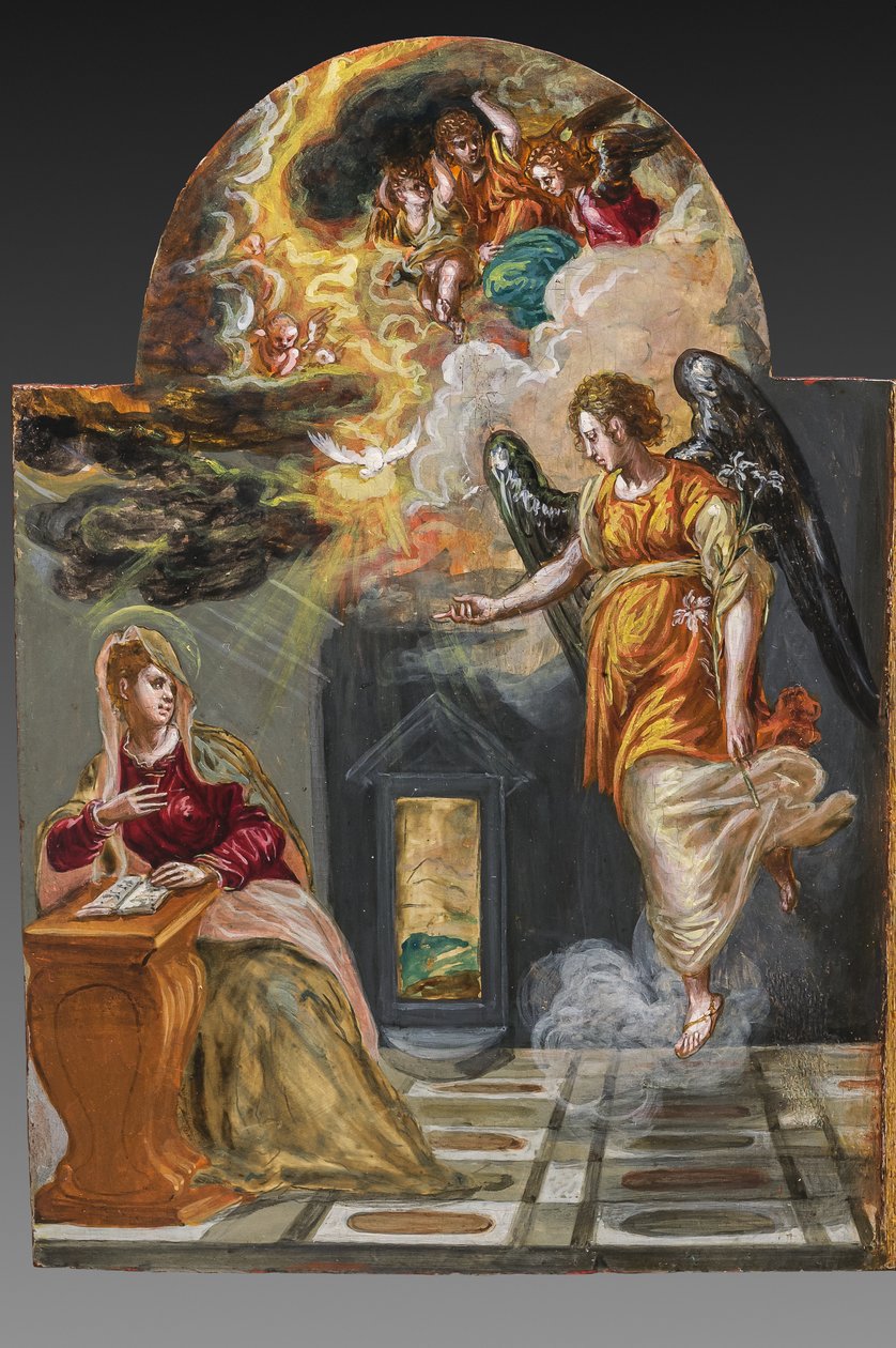 Přenosný oltář, levý panel dveří na zadní straně: Zvěstování, detail 2384587 (tempera grassa na panelu) od El Greco