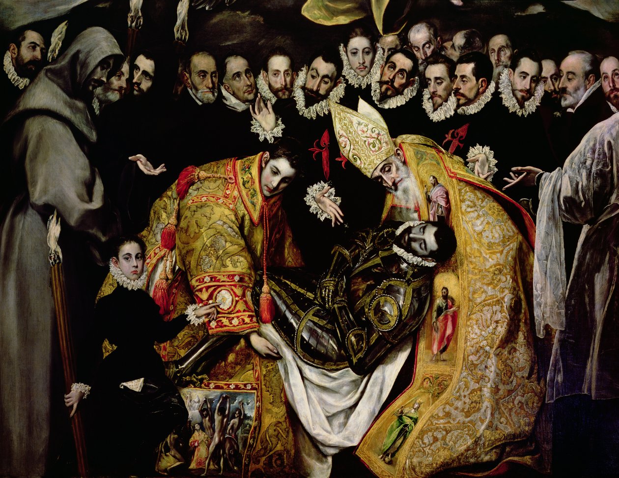 Pohřeb hraběte Orgaze, z legendy z roku 1323, detail mladé stránky, sv. Etienne, hrabě a sv. Augustin od El Greco