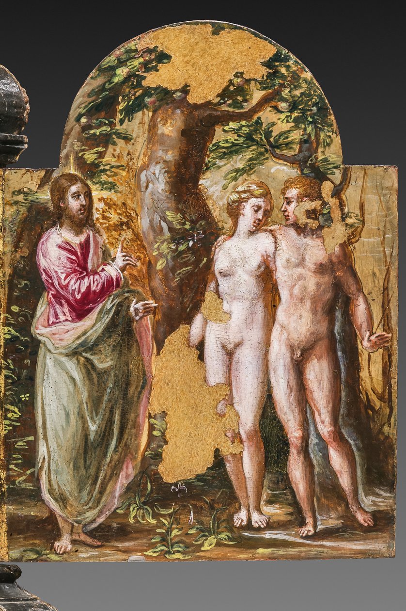 Zadní strana přenosného oltáře: Adam a Eva čelem k Věčnému Otci, detail 2384587 (tempera grassa na panelu) od El Greco
