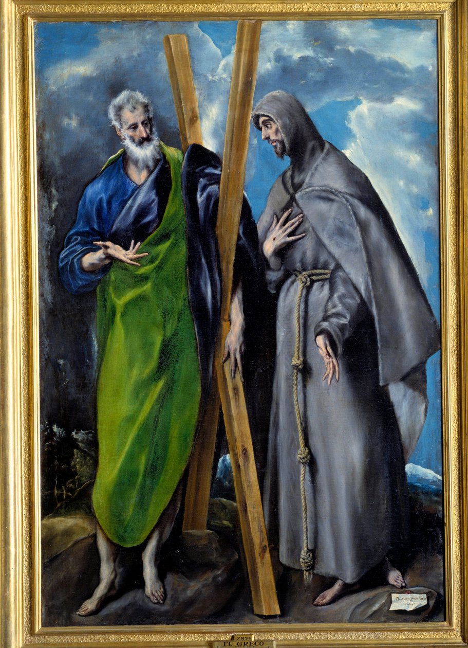 Portrét svatého André a svatého Františka z Assisi. Obraz Domenikos Theotokopoulos dit El Greco (1541-1614). Olej na plátně. Rozměr: 1,67 x 1,13 m. Madrid, Musee Du Prado od El Greco