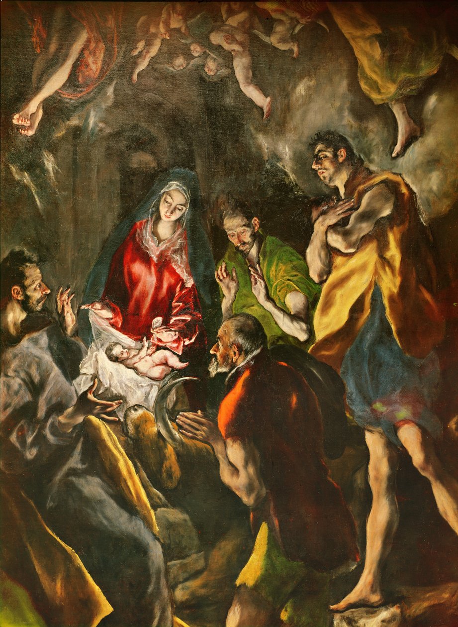Clanění pastýřů (detail pastýřů seskupených kolem dítěte), c. 1603-14 (olej na plátně) od El Greco