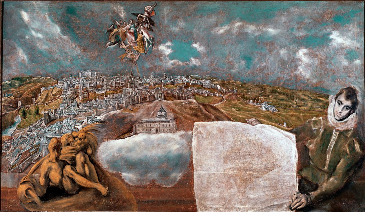 Pohled na město Toledo (Toledo) ve Španělsku a letadlo dole vpravo Obraz Domenikos Theotokopoulos dit El Greco (1541-1614) 1608-1614 Sun. 132x228 cm Muzeum Řecka v Toledu od El Greco