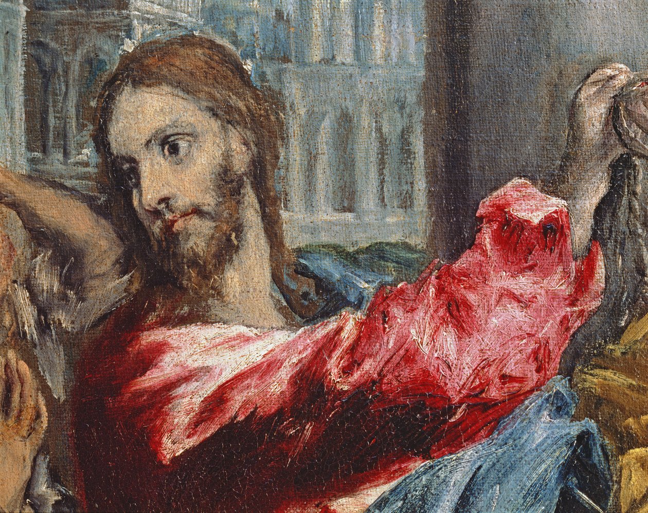Kristus vyhání obchodníky z chrámu, detail Krista, cca 1600 detail olej na plátně z 29580 od El Greco