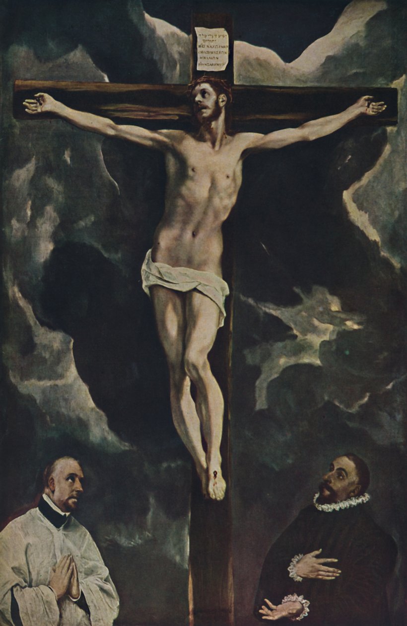 Christus Am Kreuz, Mit Zwei Stiftern, Kristus na kříži zbožňovaný dárci, c1590, 1938 od El Greco