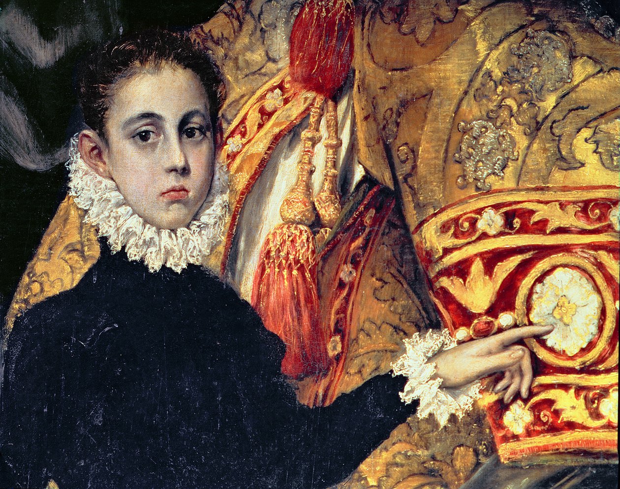 Pohřeb hraběte Orgaze, z legendy z roku 1323, detail chlapce, o kterém se předpokládá, že je synem malíře Jorge Manuela, 1586-88 detail olej na plátně z 44240 od El Greco