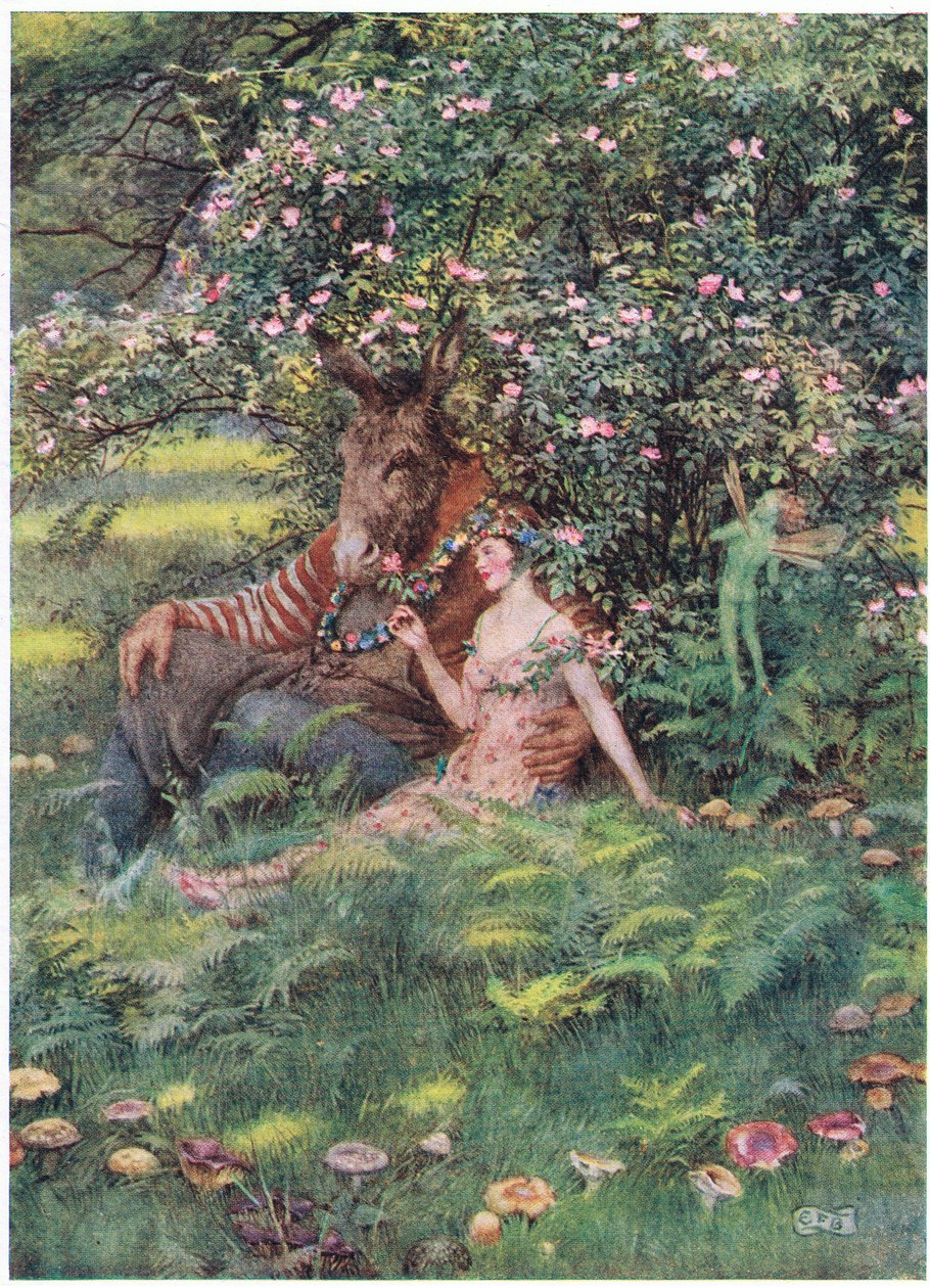Bottom a Titania: "Pojď si sednout na tuto květinovou postel" (litho) od Eleanor Fortescue Brickdale